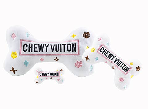 White Chewy Vuiton Bones Squeaker Dog Toy