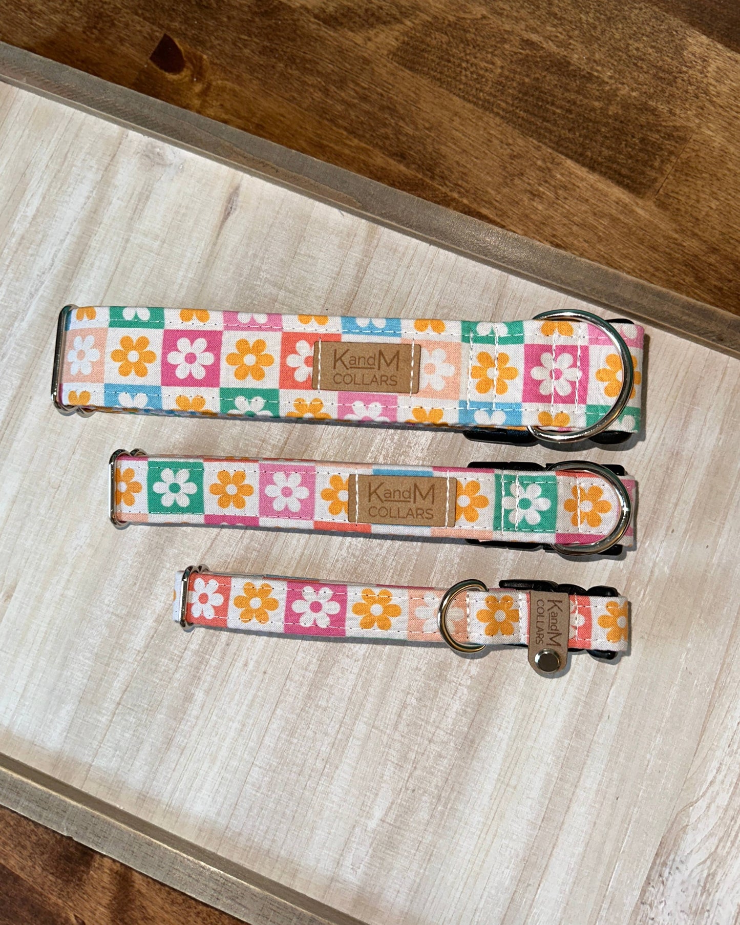 Summer Checkerboard Flowers Dog Collar, K and M Collars